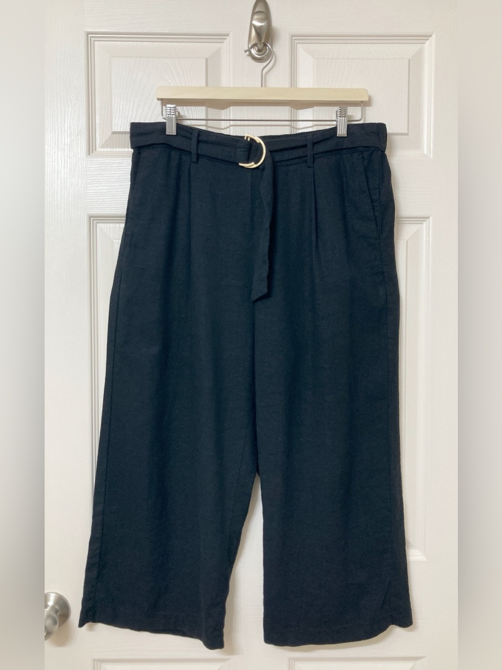 Michael Kors High Rise Black Linen Cropped Wide Leg Pull On Pants Large Coastal